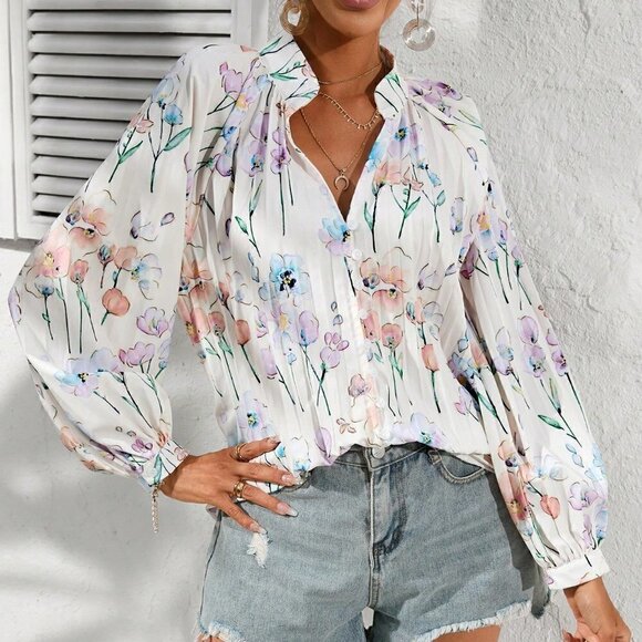 Multicolor Boho Women's Floral Print Lantern Sleeve Shirt - Picture 5 of 5